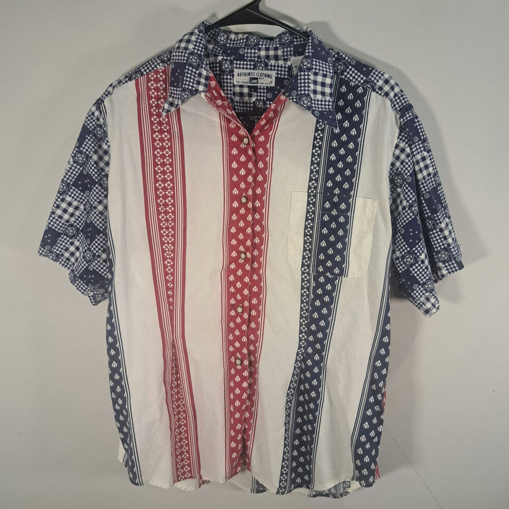 Lee Authentic Bandana Print Striped Western Short Sleeve  Button Up Shirt Large